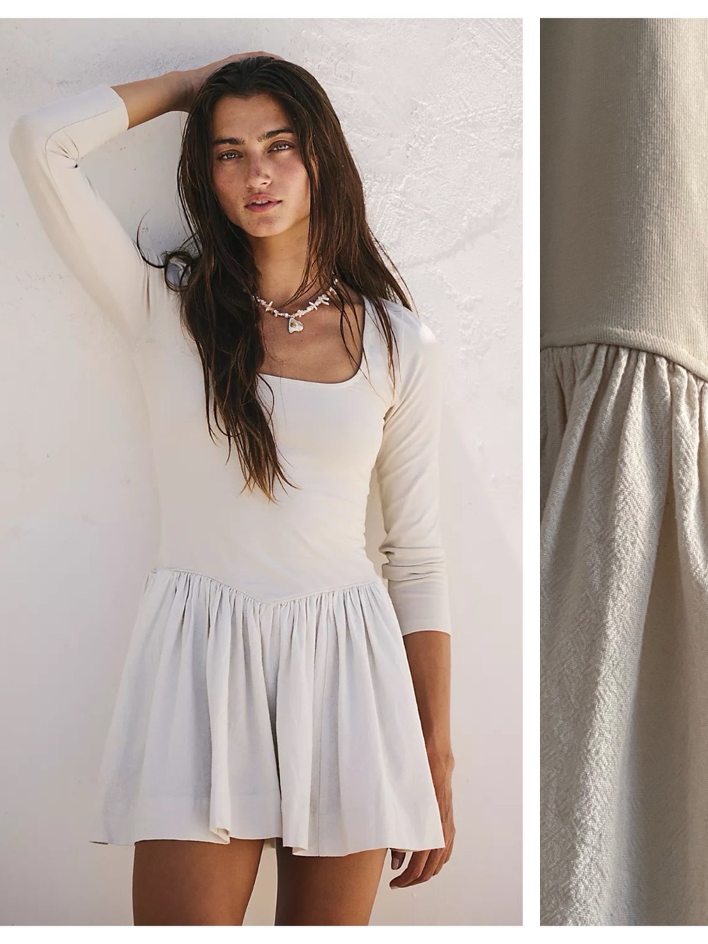 Free People Onda Drop Waist Long Sleeve Mini Dress Cream Neutral Medium